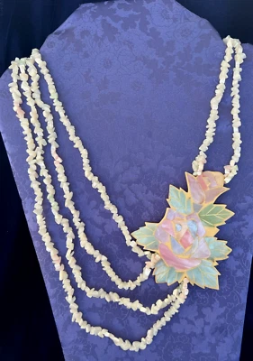 Shell Necklace 28 Inches Multi Strand Inlaid Resin Flower Pink Green Screw Clasp - Image 1 of 4