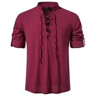 Trendy Long Sleeve V Neck Shirt with Front Lace Up Beach Top Blouse for Men