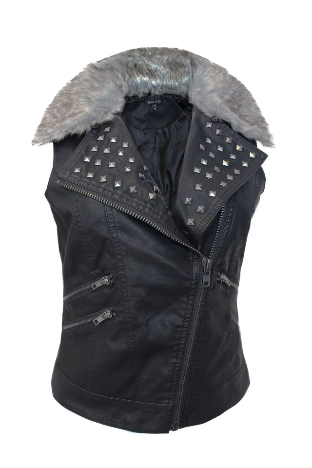 New Ladies Women Faux Furr Collar Leather Pu Pvc Biker Jacket Side Zip Size 8-16 - Image 1 of 1