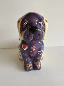 Dog Piggy Bank- Talavera Style, Ceramic, Hand Painted With Florals & Hearts - Picture 1 of 9