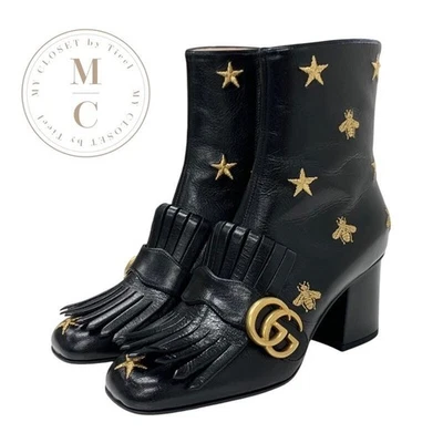 Mujeres GUCCI GUCCI Doble G Botas Cortas Zapatos Cuero Negro Dorado GG Marmón Foto 1 de 4