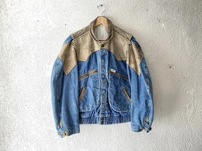 1980s vtg GUESS by Georges Marciano MARTY McFLY DENIM & LEATHER BOMBER JACKET M - Image 1 of 4