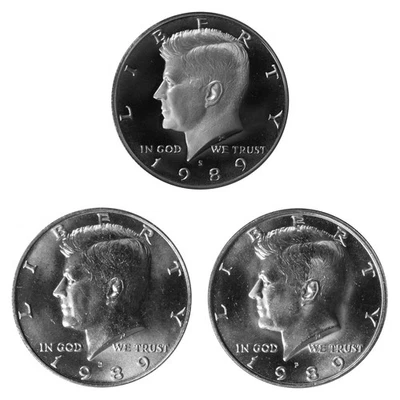 1989 P D S Kennedy Half Dollar 50c Year set Proof & BU US 3 Coin lot - Image 1 of 4