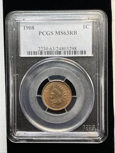 1908 US Indian Head Cent Penny  PCGS MS63RB Red Brown Choice Mint State MS - Picture 1 of 7