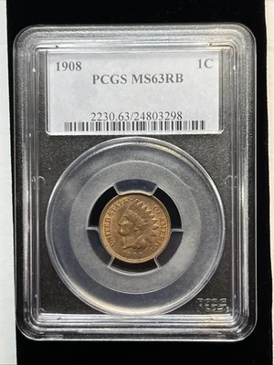 1908 US Indian Head Cent Penny  PCGS MS63RB Red Brown Choice Mint State MS - Image 1 of 4