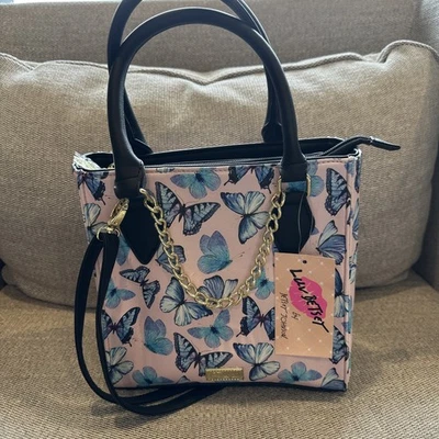 Luv Betsey Betsey Johnson LB DIXIE Blue Butterfly Printed Pink Tote Shoulder Bag - Image 1 of 4