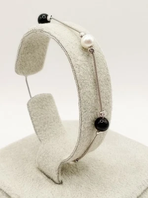 bracciale Donna Argento 925 Con Perle Bianche E Onice Maglia Snake  - Immagine 1 di 4