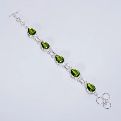 Peridot Gemstone Vintage Handmade 925 Sterling Silver Bracelet 6-8" W096 - Image 1 of 4