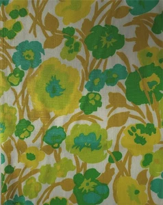 Tela artesanal vintage años 60 70 verde amarillo tostado estampado floral 14" x 38" F4024 - Imagen 1 de 4
