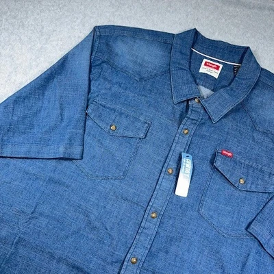 NWT Wrangler Denim Shirt  Mens 4XL Blue Cowboy Wash Short Sleeve Pearl Snap - Image 1 of 4
