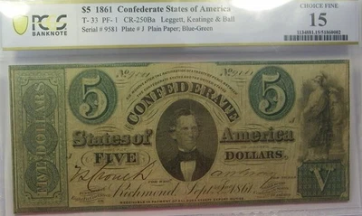 1861 Confederate States Currency T-33 $5 PCGS Choice Fine 15 - Image 1 of 2
