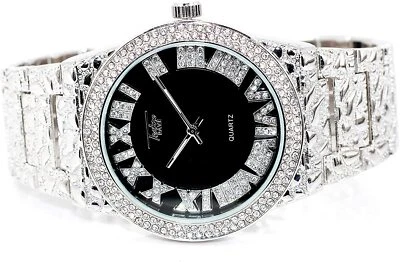 Iced Men Silver Watch Bling Rapper Simulate Diamond Nugget Band Hip Luxury Black - Image 1 of 3