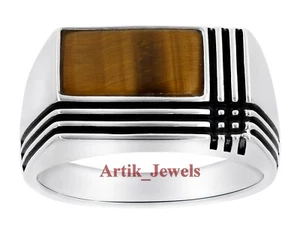 Natural Tiger's Eye & Black Enamel With 14K White Gold Plated Silver Men's Ring - Picture 1 of 13