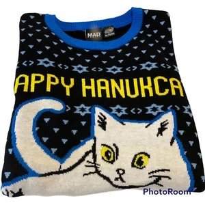 Mad Engine Boy Size XL Extra-Large Happy Hanukcat Black & Blue Knit Sweater - Picture 1 of 12