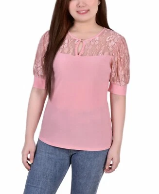 NY Collection Petite Puff Sleeve Lace Yoke Top Women's PS Mellow Rose Pullover - Image 1 of 4