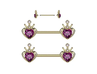 Par de barras para pezones chapadas en oro con corona y gema con extremos de corazón joyas corporales Foto 1 de 2