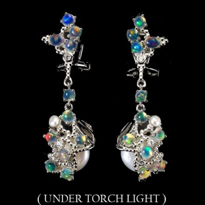 925 Sterling Silver Earrings Oval Fire Opal Pearl Natural Gemstone Jewelry Gift - Image 1 of 4