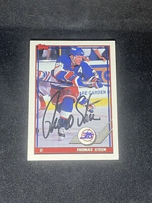 Thomas Steen 1991-92 Topps #218 Winnipeg Jets Signed Auto Autographed NHL Card - Image 1 of 3