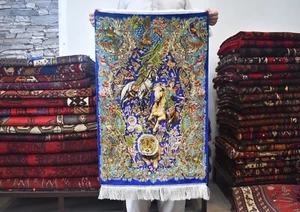 2x3 stopy Wysokiej jakości jedwabny dywan Niebieski Projekt myśliwski Obrazowy dywan akcentujący 60x90 cm - Zdjęcie 1 z 20