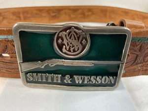 Vintage Smith & Wesson Green Enamel Shotgun Belt Buckle w/ Leather Belt Size 38 - Picture 1 of 7