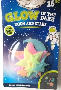 15 pk Space GLOW IN THE DARK Peel & Stick Stars Moon Self Adhesive Stickers BC - Picture 1 of 2