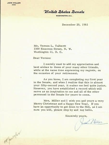RARE! “Iowa Senator" Jack Miller Hand Signed TLS Dated 1961 - Picture 1 of 1