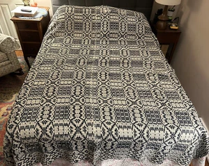 Antigua manta telada a mano de lana azul índigo de jacquard de 1800 de colección - Imagen 1 de 9