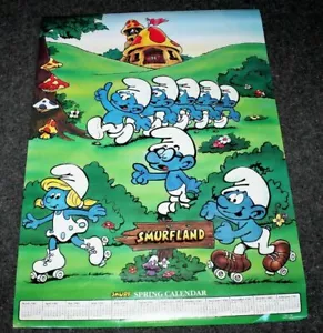 Póster artesanal de los Pitufos 1981-1983 calendario de primavera Peyo Berrie campus en muy buen estado - Imagen 1 de 5