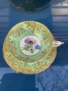 Paragon Green Gold Her Majesty The Queen Cup & Saucer Floral Poppy Made England - Picture 1 of 5