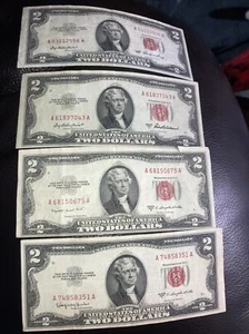 1953 A,B, C $2 Dollar Bill Red Seal CLEAN Note (Lot 4 bills).. Small Tear On B - Picture 1 of 5