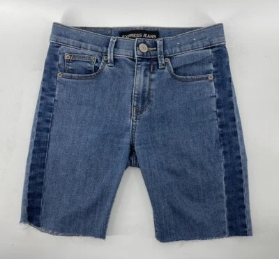 "Pantalones cortos de jean Express Cut Off elásticos para mujer talla 0 azul denim tiro bajo cintura de 26""" Foto 1 de 4