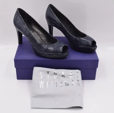 Stuart Weitzman Russell & Bromley UK 7.5 Snake Print Peep Toe Heels Navy Blue - Image 1 of 4