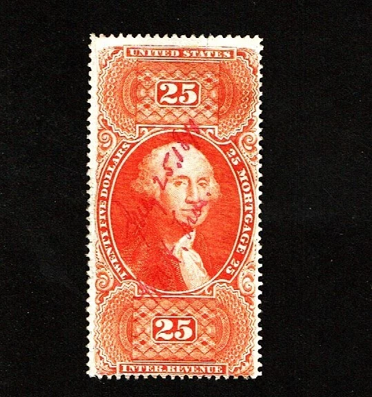 1862-71 U.S.First Issue Revenue Washington $25  Red MORTGAGE Perf  Sc#R100c Pen - Image 1 of 1