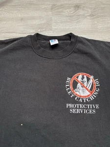 Vintage 90s Gun T Shirt Bullet Catching 101 Faded Black Distressed Large - Picture 1 of 7
