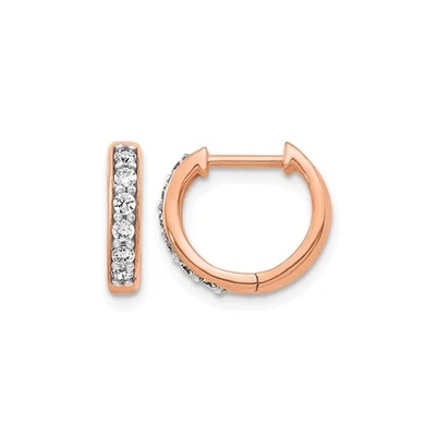 14k Rose Gold Diamond Huggie Hoop Earrings Women Round White Stones Channel - Image 1 of 4