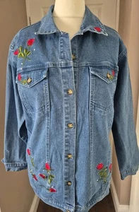 The Quacker Factory Mid Blue Denim Rose Embroidered Jacket Uk Med 97%cotton - Picture 1 of 8