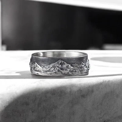 Anillo Talla 9 Unisex Oxidado Plata de Ley 925 Cordillera Esquí Senderista Regalo Foto 1 de 4