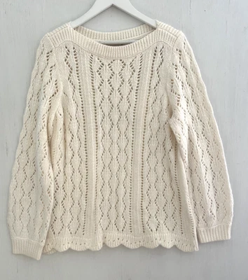 LOFT Scalloped Pointelle Ivory Soft Knit Sweater Boat Neck Size XL - Image 1 of 4
