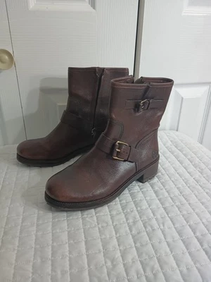 Tory Burch Chrystie Boots Brown Leather Double Buckle Strap Zip Brown Heel 7.5M Foto 1 de 4