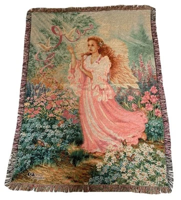 Dawn Of Hope Tapestry Afghan Throw Donna Gelsinger Floral Garden Angel 54x75” - Image 1 of 4