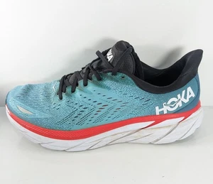 Hoka Herren One M Clifton 8 Laufen Sneaker Aqua Solar Rot Weiß Größe 11,5D - Bild 1 von 11