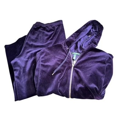 Conjunto de chándal Lauren Ralph Lauren para mujer 2X terciopelo púrpura con capucha pantalones cremallera dorada Foto 1 de 4