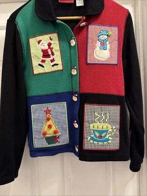 Suéter Onque Navidad Papá Noel Botón Negro Con Apliques Mujer’s Talla Pequeña Pequeña Foto 1 de 4