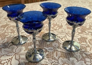 4 Art Deco FARBER Brothers Chrome GOBLETS with COBALT BLUE INSERTS 5 3/4" VG - Picture 1 of 3