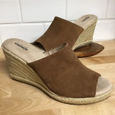 Womens Wedge Heel Sandals Slides Sz 7.5 Tan Leather Jute Rope Heels Sonoma Kohls - Image 1 of 4