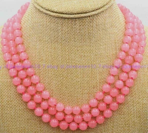 Genuine Natural 3 Rows 8mm Pink Rose Jade Gems Round Beads Necklace 17-19 Inches - Picture 1 of 12