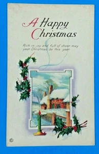 Early 1900s Christmas Postcard Cottage In Snow Holly Candle A Happy Christmas - Bild 1 von 3