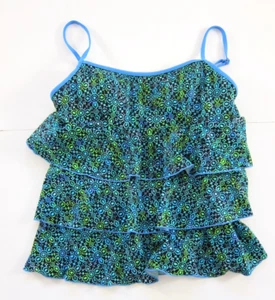 Fit 4 U Blue Black Geometric Ruffle Built In Bra Swimsuit Tankini Top Women 16 - Picture 1 of 5