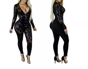 USA Women Trendy Sheer Mesh Patchwork Sequined Bandage Deep V Neck Jumpsuit #Q3 - Picture 1 of 2