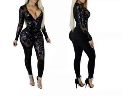 Mono de moda de malla transparente con retazos con lentejuelas vendaje cuello en V profundo de EE. UU. para mujeres #Q3 Foto 1 de 2